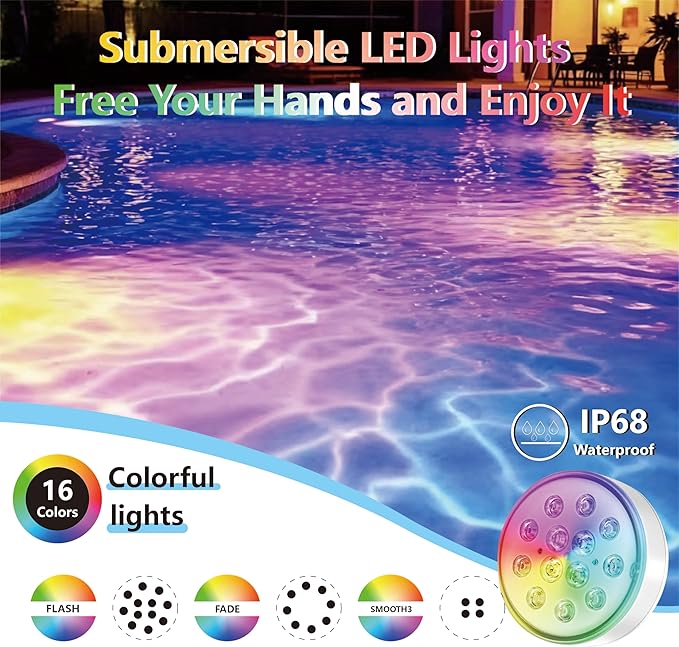 Upgraded Magnetic Pool Lights for Above ground and inground pool, Rechargeable Underwater RGB 16 Colors Submersible LED Lights with Remote & Timer Off, for Hot Tubs, Fountains, Party, Vase - 2 Pack
