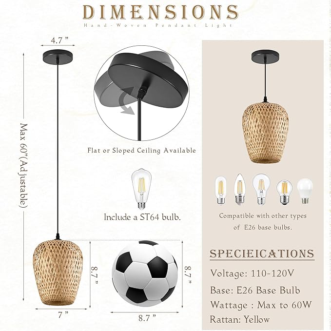 Wicker Pendant Lights Bamboo Pendants Light Boho Chandelier Rattan Pendant Wicker Light Fixture Woven Pendants Lights for Kitchen Island Living Room Dining Room (Bulb Incl.)