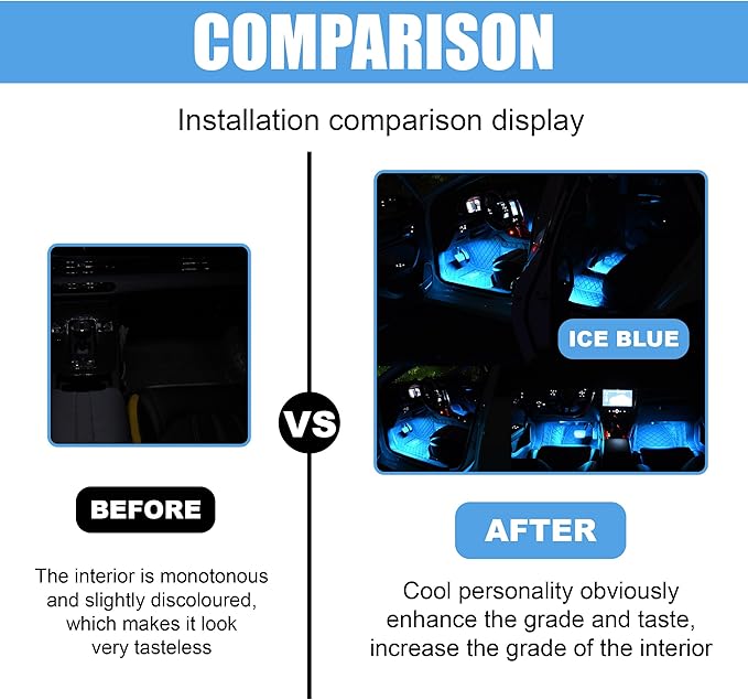 Car LED Strip Light, 24 LED RGB Neon Auto Interior Atmosphere Lights, 12V Cigarette Lighter Under Dash Ambient Night Light, Decorative Lamp Accessory for Car Truck (Ice Blue, Cigar Lighter)