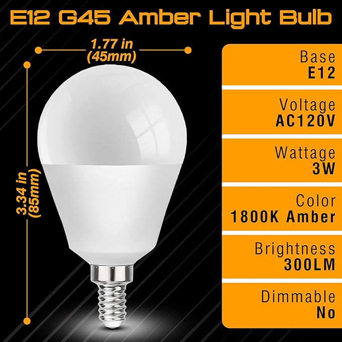E12 Small Candelabra Base Amber Sleep Light Bulbs, 1800K Blue Light Blocking, G45 Warm Night Light Bulbs 25W-40W Equivalent, 3W 300LM E12 Amber Bulb for Healthy Sleep, Bedroom, Non-Dimmable, 2 pack