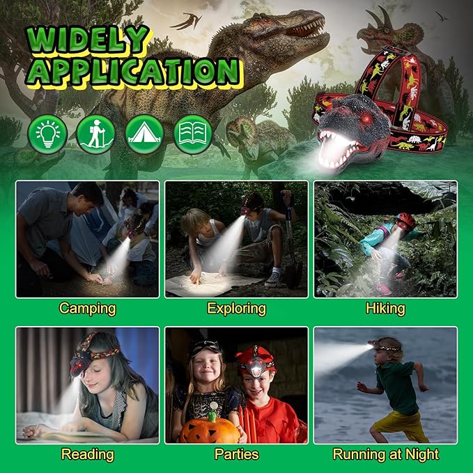 Dinosaur Headlamp for Kids Flashlight Rechargeable Led Headlights Roar & Silent Mode, T-Rex Dinosaur Toys for Kids 3-5 4-6 5-7 6-8, Camping Gear, Easter Gifts for Boys Girls Adults