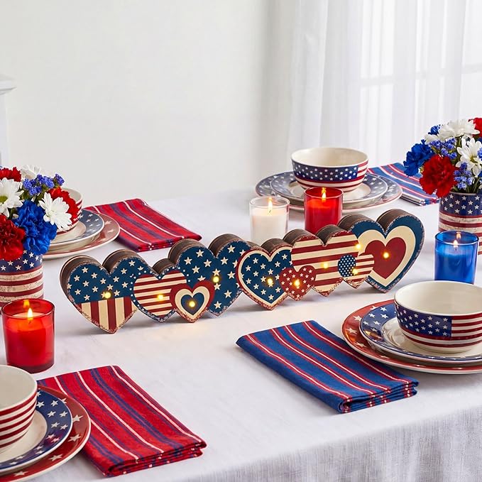 Yousoontic 4th of July Decorations Retro Patriotic Table Centerpieces with LED Lights Memorial Day Heart Wooden Sign Decor 3D Block Red White Blue Decor for 250th Anniversary Home Mantel Desk Party