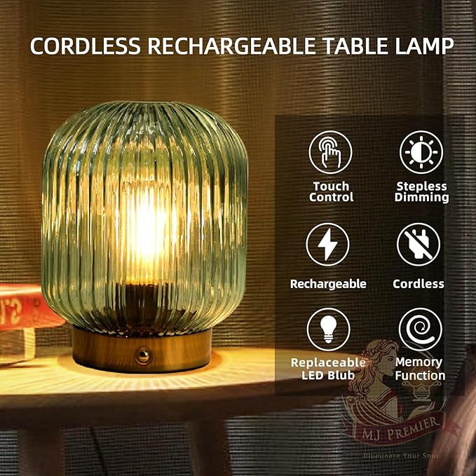 MJ PREMIER Rechargeable Lamp, Green Glass Lamp with Memory Function, Cordless LED Lamp with Dimmable Brightness, Decorative Touch Lamps for Bedroom Living Room