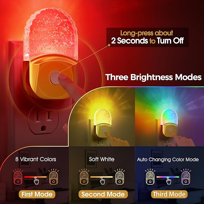 Briignite Night Lights Plug into Wall, 2 Pack, 8 Color Changing Night Light Room Decor, RGB LED Nightlight witih Dusk to Dawn Sensor for Kids Bedroom, Bedroom, Hallway, Gold Cover