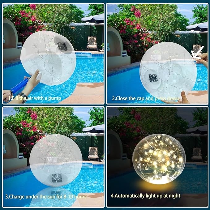 Solar Floating Pool Lights Auto-On at Night - 14" Inflatable Waterproof Glow Pool Balls, 3000K Warm-White Solar Powered, Atmosphere-Boosting for Party
