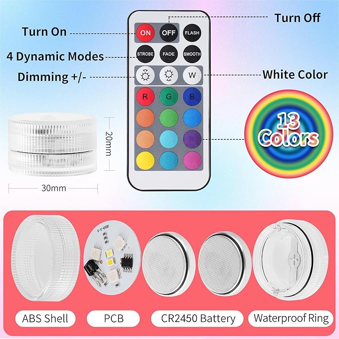 ALED LIGHT Submersible Led Lights with Remote,12 PCS RGBW Pool Light,Waterproof Pond Tea Light,Underwater Lights,Suitable for Vases, Fish Tanks, Hot Tubs, Parties,Wedding,Halloween,Christmas Decor