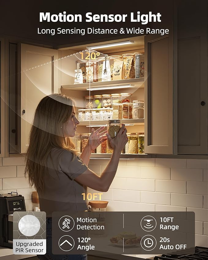 3Pack-Under Cabinet Lighting Wireless,Rechargeable Battery Motion Sensor Light Indoor,LED Closet Lights USB Charging,3 Color Dimmable Under Cabinet Lights for Kitchen, Cabinet, Wardrobe(14inch)