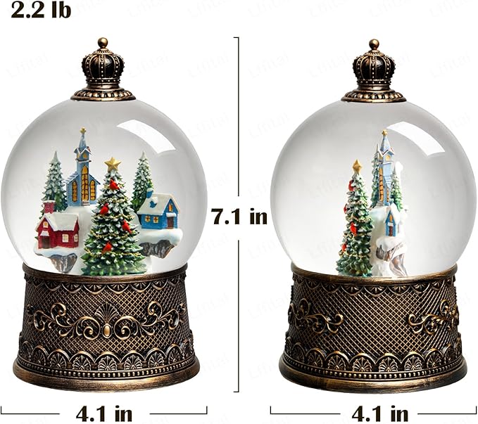 Christmas Snow Globes Village Snow Globe Lantern, Lighted Christmas Decorations Indoor for Home with Music Timer Glitter, Mountain Church, Musical Festival Gifts, USB & Battery Operated