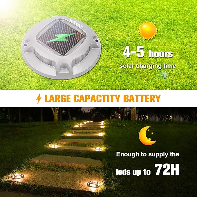 VOLISUN Solar Driveway Lights Dock Marine Lights 4 Pack,2 Colors in 1,Outdoor IP67 LED Deck Light,Solar Powered Waterproof Warning Step Light for Driveway Sidewalk Pathway (White/Warm White)