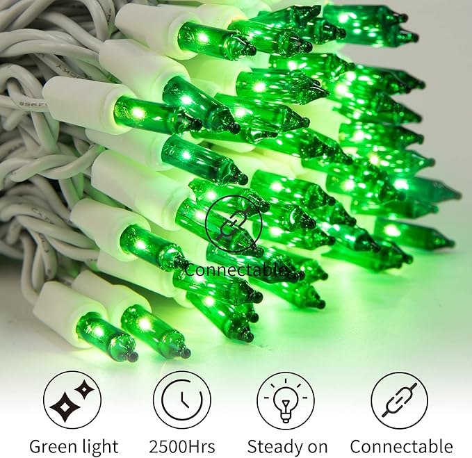 Minetom St. Patrick's Day Mini String Lights, 100 Count 27 Feet Detachable Incandescent Bulb Waterproof Green Fairy Lights Plug in for Indoor Outdoor Party Patio Christmas Decoration, White Wire