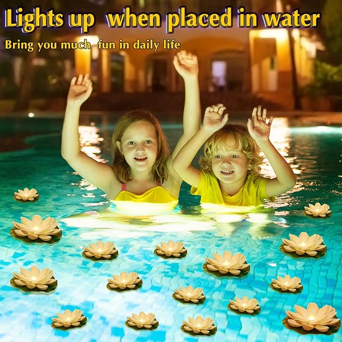Hortsun 18 Pcs Floating Lotus Lights with Batteries Lily Pads Pool Flowers Floating Candles Decor Artificial Pond Plants Decorations for Pool Pond Outdoor Indoor (White,3.94/5.91 Inch)
