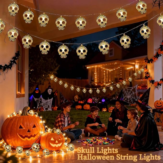 Halloween String Lights,15FT 30 LED Fairy Decor Lights USB & Battery Operated (Not Included) Cute Skull String Lights 2 Modes Waterproof Fall Light Decoration for 2025 Indoor Outdoor Home Party Garden