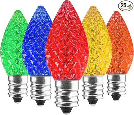 Minetom 25 Pack C7 Led Christmas Replacement Light Bulbs, C7 Shatterproof Christmas Led Bulbs for Christmas String Lights, E12 Candelabra Base, Commercial Grade Dimmable Holiday Bulbs, Multicolor