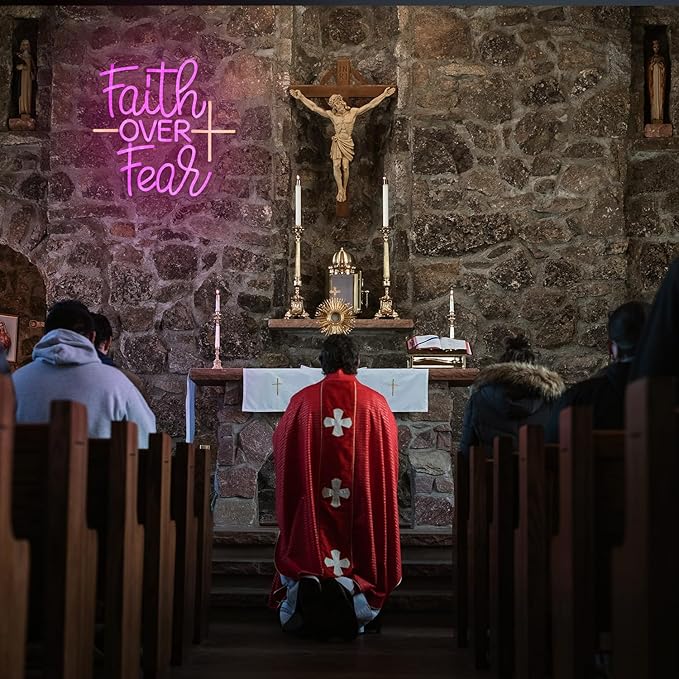 Faith Over Fear Neon Sign for Wall Decor Jesus Neon Light Warm White Cross Neon Light Sign Letter LED Neon Light for Christian Religious Motivation Bedroom Wedding Church Decor