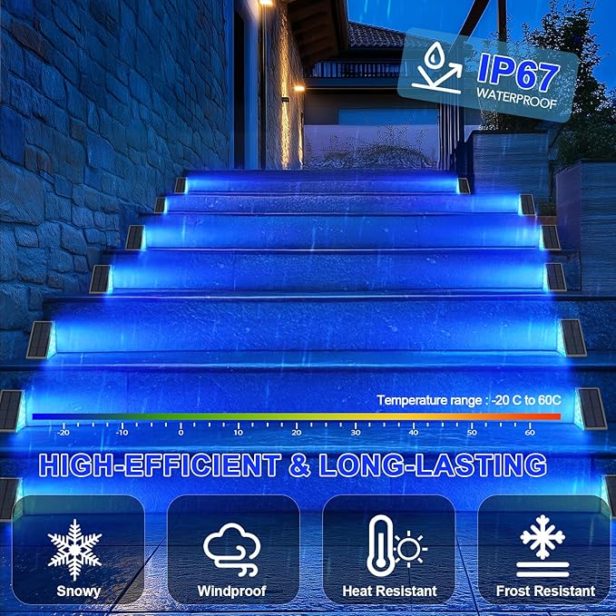 8 Pack Solar Stair Lights, Outdoor Step Lights with Waterproof IP67, Blue Color LED Solar Light for Outside Light Decor for Stair, Deck, Front Step, Front Porch, Patio and Backyard