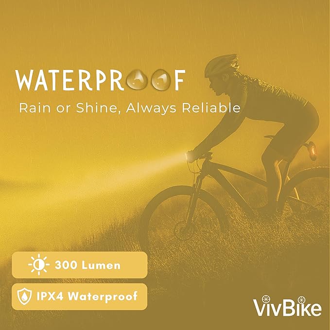 VivBike Rechargeable Bicycle Lights Bright LED Headlight and Taillight, USB Rechargeable, Waterproof, Easy Mount | A HerTime2 Brand