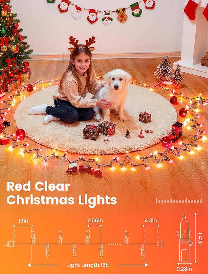 Red Clear Christmas Lights,13FT 50 Count Incandescent Mini Light,Green Wire Christmas String Lights Plug in Waterproof for Tree Xmas Wedding Indoor Outdoor Valentine's Day Decor (Red Clear, 50 Count)