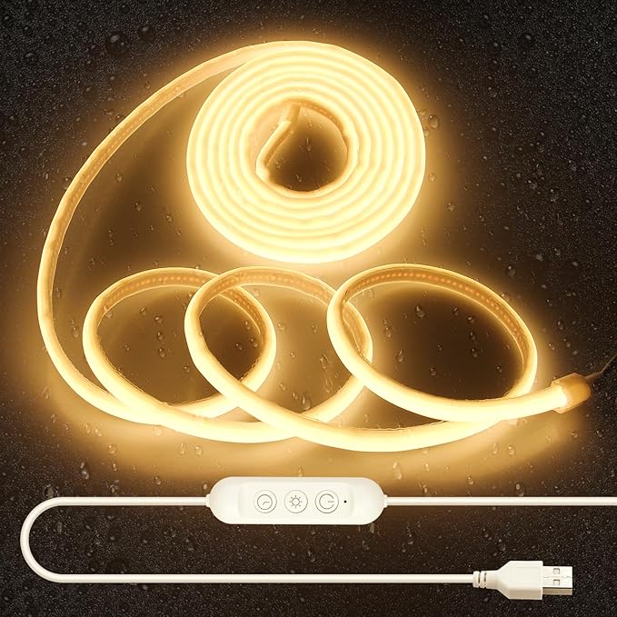 Aclorol COB LED Strip Light 10FT Warm White 3000K IP67 Waterproof LED Strip Lights 5V USB Powered Dimmable Tape Light with Timer for Bedroom Bookshelf Wardrobe Shower Niche Lighting DIY Lighting