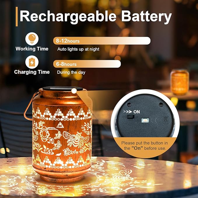 Solar Lanterns Outdoor Bee Metal Waterproof Garden Decor Christmas Birthday Gifts for Women Mom Grandma Decorative LED Hanging Solar Lights Outside for Yard, Patio,Backyard,Landscape