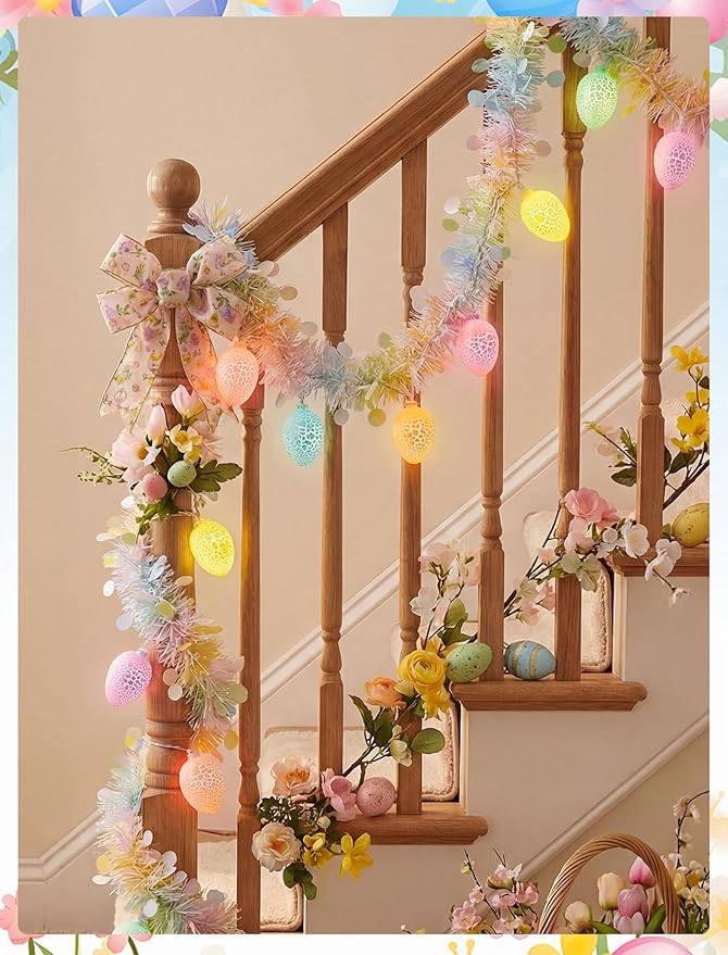 8.5Ft Easter Garland with Lights, Plug in Easter Egg String Lights & Pastel Tinsel Set (White Wire), Connectable Waterproof Indoor Outdoor Decor for Home Mantle Bedroom Party