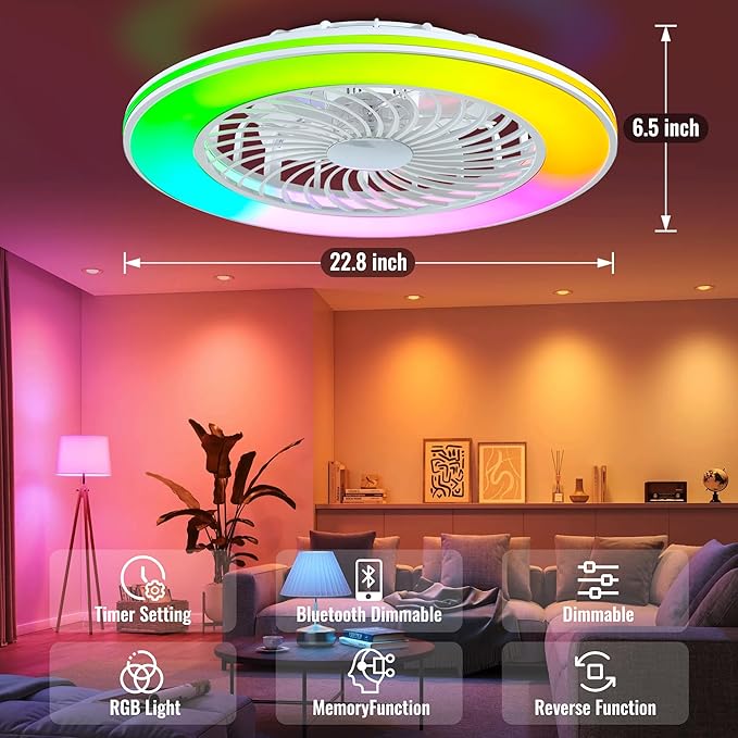 24'' Low Profile Bladeless Ceiling Fans with Lights, Remote/APP/Alexa Smart Control, RGBW Dimmable, Flush Mount Ceiling Fan with 6-Speed Reversible for Bedroom Living Room Kid's Room
