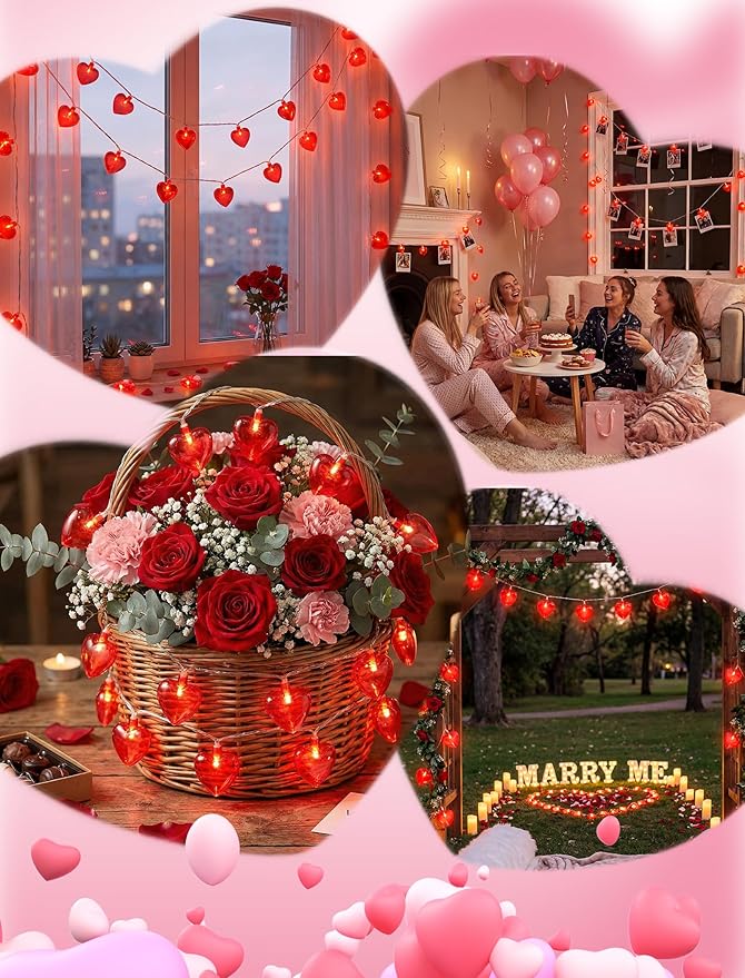 Valentine Day Lights Plug in, Red Heart Shaped String Lights 8.5FT, LED Valentine Heart Lights for Indoor Outdoor Decor, UL Listed, IP44 Waterproof