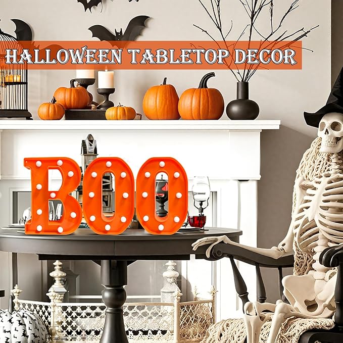 Halloween Decorations Indoor - Boo 3 Pack LED Light Up Hanging Letters Orange Boo Signs Light for Indoor Halloween Decor Home Table Party Wall Mantel Fireplace Bedroom, Warm White Lights