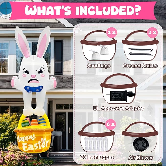 8FT Easter Inflatables Outdoor Decorations Climbing Inflatable Bunny Decor, Inflatable Bunny Basket with Eggs Decor, Easter Blow Ups for Outside Roof Yard Shop Lawn Fence