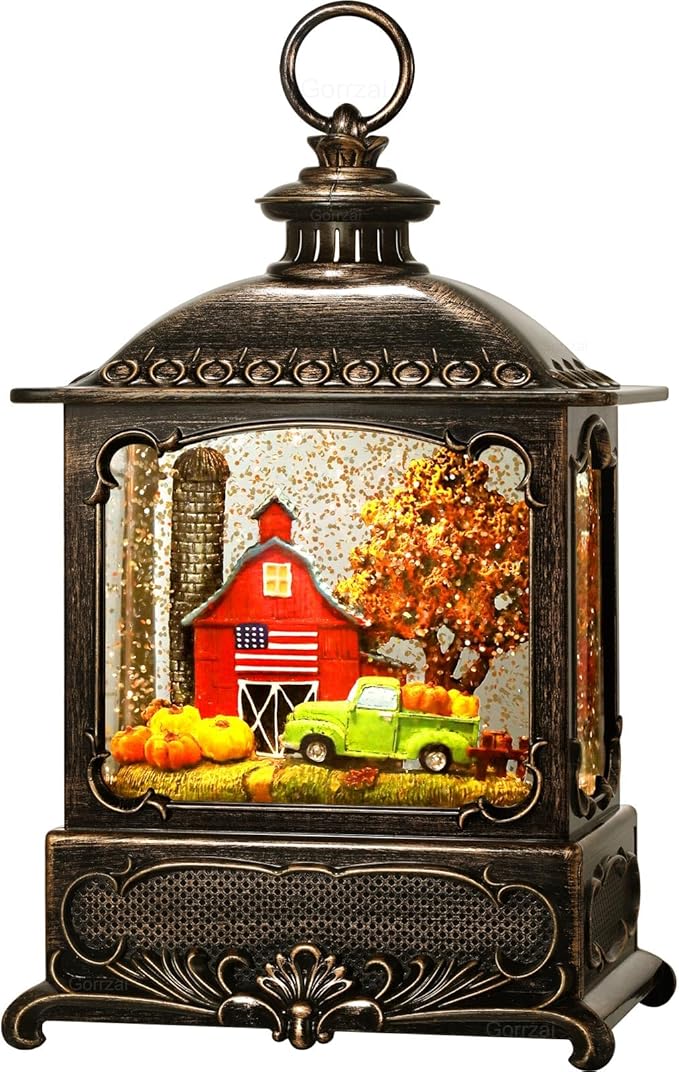 Fall Snow Globe Lantern Fall Decorations for Home Thanksgiving Autumn Harvest Fall Decor Swirling Glitter Snow Globes Barn Truck Pumpkin Farm Timer Music