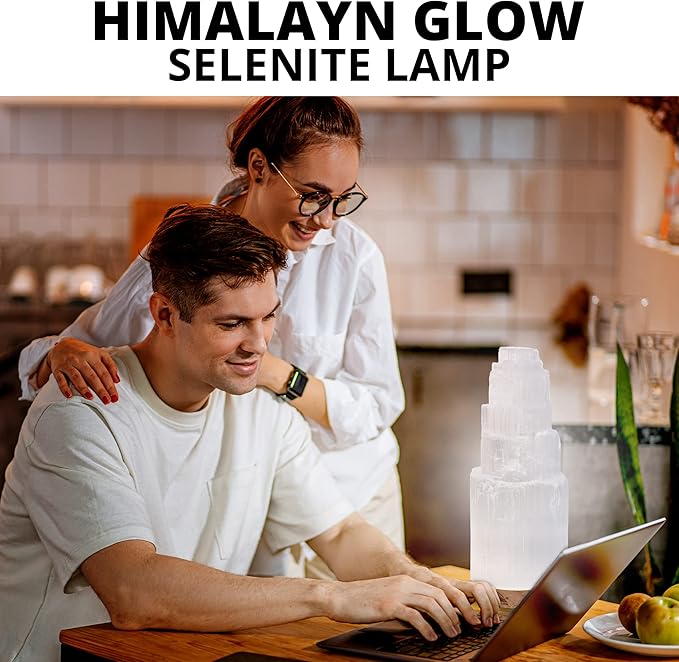 Himalayan Glow Selenite Crystal Lamp 20cm Large, Hand Curved Crystal Lamp with (ETL Certified) Wooden Base & USB Charging Cable for Home Décor - White