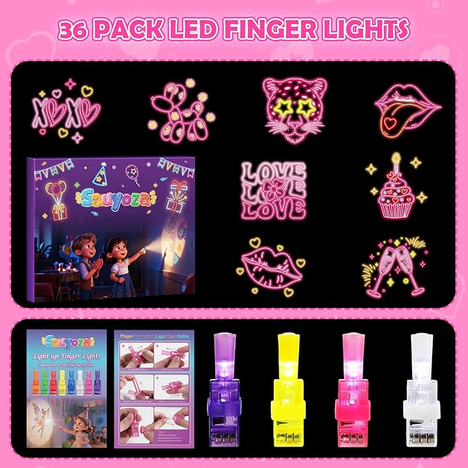 36 Pack Pink Party Favors LED Finger for Kids, Goodie Bags Stuffers, Glow in the Dark Pink Theme Birthday Party Supplies, Treasure Box Valentines Classroom Gifts