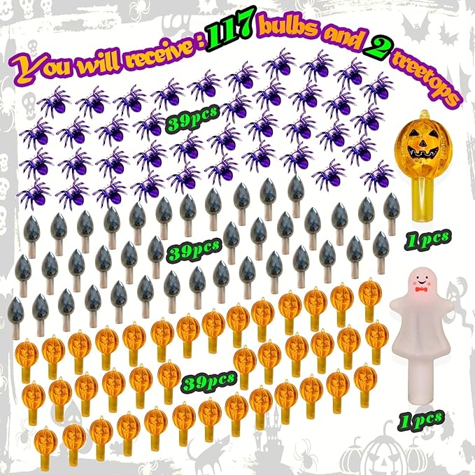117pcs Halloween Ceramic Tree Replacement Lights Bulbs, Including Spider/Pumpkin Head/Grey Flame & 2pcs Themed Tree Tops (Including Ghost/Pumpkin King) for Decorating Holiday Trees, Etc.