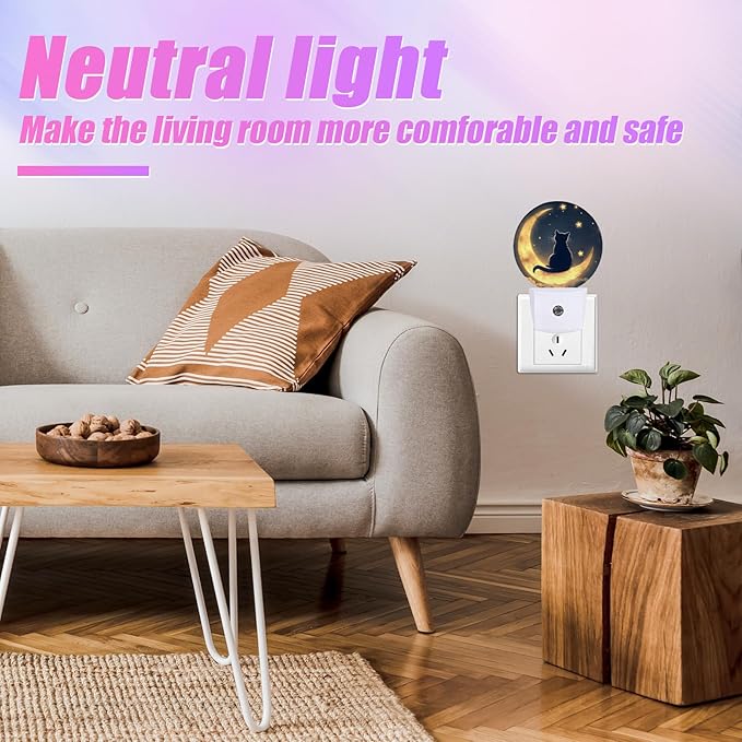 Cat Moon Night Light Starry Sky Night Lights LED Lamp Round Plug into Wall Nightlight with Dusk to Dawn Sensor Home Hallway Stairway Kitchen Decor