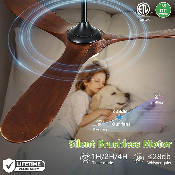 Haipeel 52 Inch Outdoor Ceiling Fans with Lights, Propeller Solid Wood Ceiling Fan with Light and Remote Control 3 Blades Outdoor Fans Quiet for Patios Farmhouse Bedroom, Dark Walnut