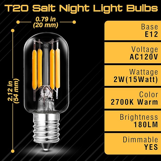 E12 Himalayan Salt Lamp 2W Equivalent 15Watt Warm White 2700k, T20 Night Light Bulbs 180lm, E12 LED Bulb Candelabra Base for Himalayan Salt Rock Lamps & Baskets, Candle Lamp, 2 Pack