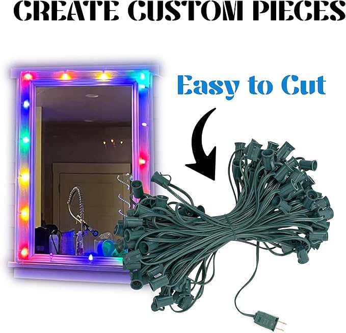 HLO Lighting C7 Light Strings | 100' Green Cord with 12" Socket Spacing, E12 Light Stringer for C7 Christmas Lights