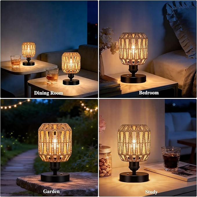 WIHTU 2 Pack Rechargeable Table Lamps, Cordless Lamp with 5000 mAh Battery Operated, Outdoor Wireless Rattan Touch Lamps, Portable Dimmable Lamp for Restaurtrant Home Camping Patio (Bulbs Included)