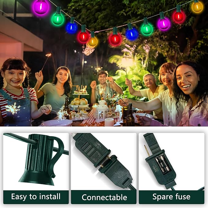 50Ft Outdoor Clear Multicolor Lights, LED G40 Globe Patio String Lights with 25 0.6W Colorful Bulbs(2 Spare), Outside Christmas Lights for Holiday Party Backyard Christmas