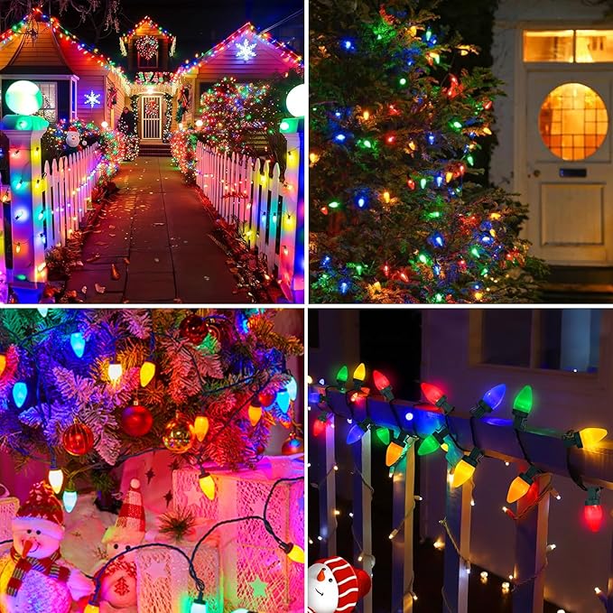 100LED C7 Christmas Lights Battery Operated Outdoor with 8 Mode Remote Control, 2 Sets 27.5FT 50 Twinkle Big Christmas Lights for Colored Xmas Tree, Home Garden Patio Decorations