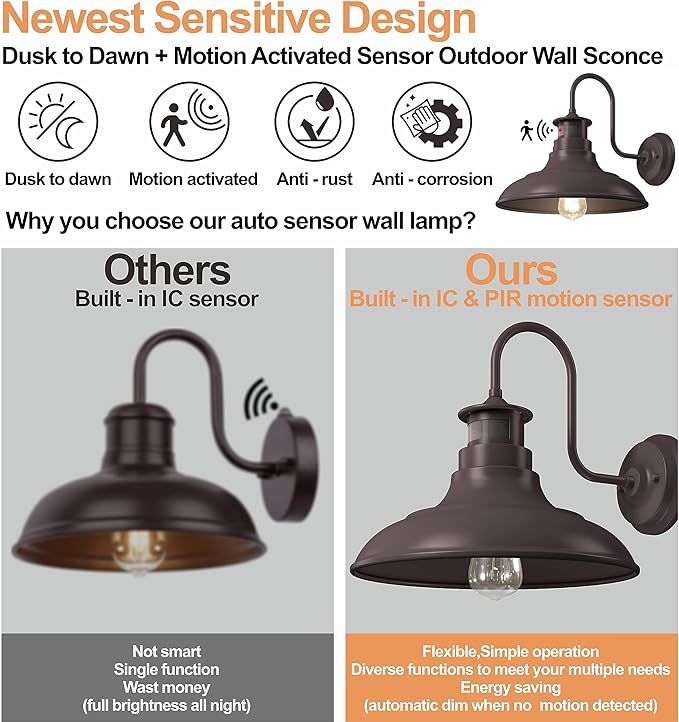 2 Pack Farmhouse Gooseneck Wall Sconce Barn Lights,Motion Sensor and Dusk to Dawn Outdoor Wall Mount Lighting Fixtures,3 Modes Exterior Porch Light IP65 Waterproof E26 Matte Brown Wall Lamp for Patio
