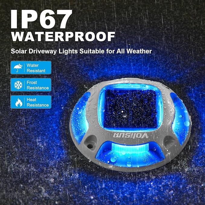 VOLISUN Solar Dock Marine Lights 12 Pack,2 Colors in 1,Outdoor IP67 LED Solar Powered Waterproof Driveway Marker Deck Lights for Warning Step Sidewalk Pathway (White/Blue),Saltwater Resistant