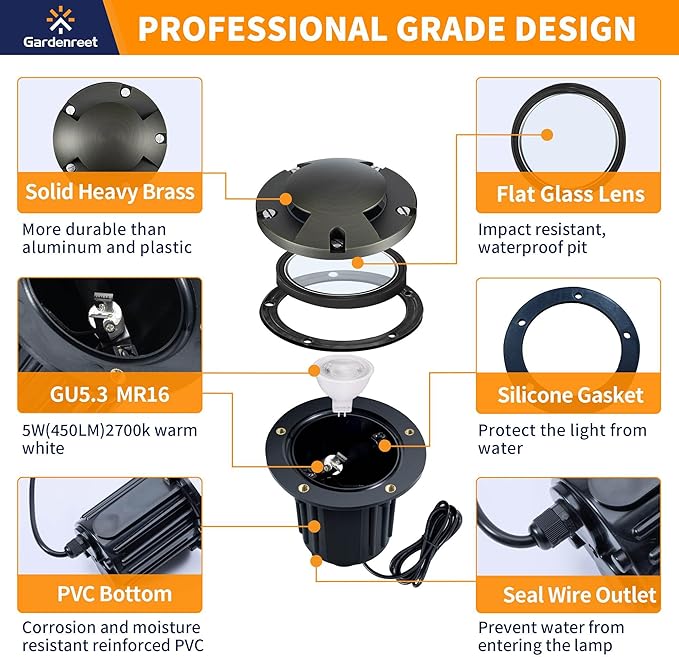 Gardenreet Brass In Ground Lights Kit(6 Pack) with 150W Low Voltage Transformer & MR16 Bulb & 100Feet Wire & Connectors, 12V LED Well Lights for Outdoor Yard Garden Pathway(2 Way Turret)