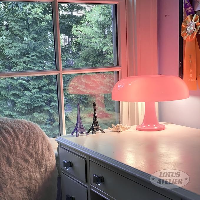 Lotus Atelier Light Pink Mushroom Lamp for Room | Aesthetic Modern Lighting for Bedroom Retro Pink Room Decor Midcentury Lamp