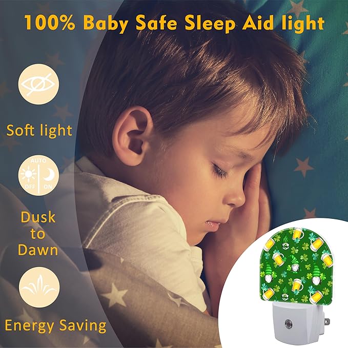 Saint Patrick Day Gnomes and Clovers Night Light Plug into Wall,Irish Shamrock and Gnomes Dusk to Dawn Night Light,0.5w Energy Saving Sleep Friendly Nightlights for Kids Boys Girls Home