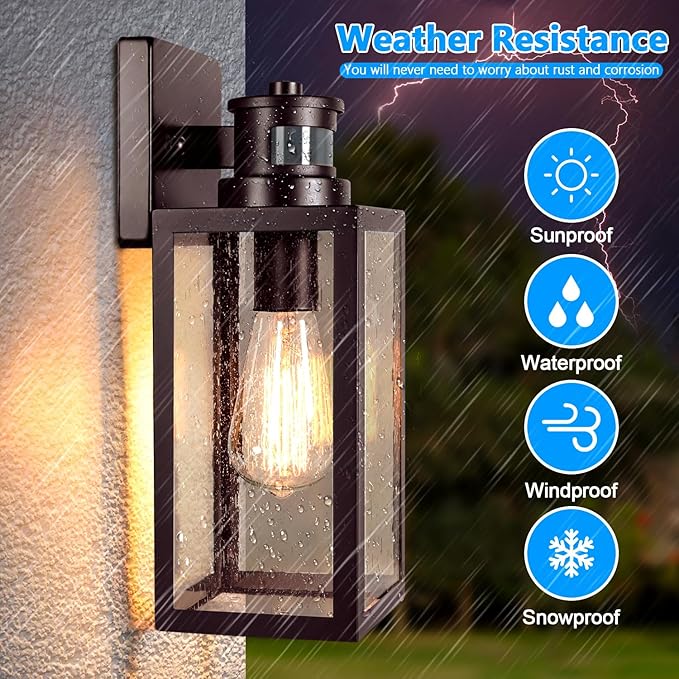 2-Pack Motion Sensor Outdoor Wall Lights, Dusk to Dawn Exterior Wall Sconces Lanterns with Seeded Glass, Waterproof Porch Light Fixtures Outside Lights for House Front Door Entryway Garage, Brown