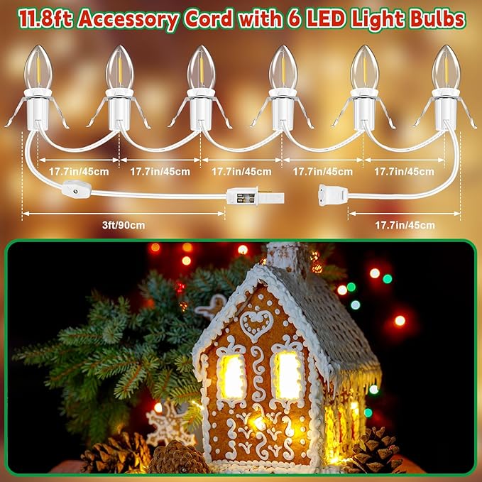 Accessory Cord with 6 LED Light Bulb Christmas Village Lights 11.8ft C7 Lamp Village Light Cord with Switch & Spare Fuse for Salt Lamp, Halloween Pumpkin, Xmas Village House Blow Mold