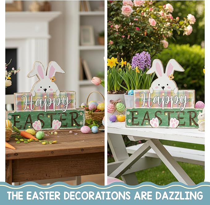 Happy Easter Sign Bunny Decor, Farmhouse Light Up Easter Decorations, Rustic Lighted Spring Decoration With LED Lights, Wooden Rabbit For Home, Office, Kitchen, Table Centerpiece, Tiered Tray, Mantel