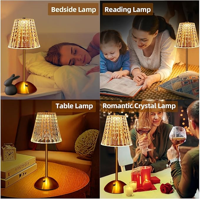 Metal Cordless Table Lamp Touching Control Crystal Lamp, Rechargeable Diamond Table Lamps with 3 Color Changing Light, Table Lamp Modern Style Bedside Lamp for Bedroom,Office,Bar,Wedding
