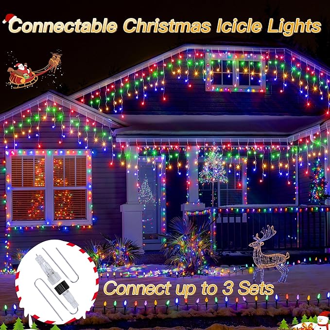 Icicle Lights for Outside, 216LED 24FT Waterproof Christmas Light Outdoor with 8 Modes & Timer, Connectable Christmas Icicle Lights for Eaves House Yard Indoor Outdoor Holiday Decoration(Multicolor)