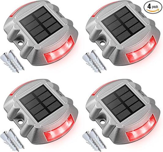 VOLISUN Christmas Solar Deck Lights Driveway Dock Lights, 4-Pack Led IP68 Waterproof Outdoor Warning Step Light for Driveway Sidewalk Garden Pathway Yard(Red, Auto On/Off